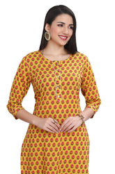 Yellow Cotton Kurti with Jaipuri Buti Print and Zari Work
